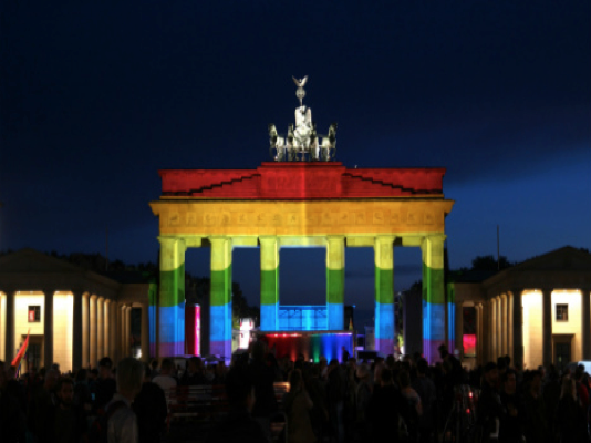 Brandenburg Gate lit in rainbow colors
